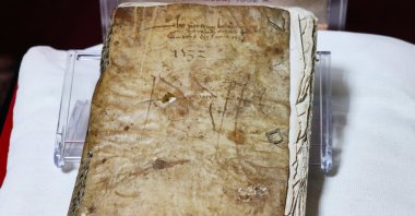 The book, written in ancient Latin, displayed in Rare Publications Museum of the National Academic Library, Astana, Kazakhstan, April 4, 2023. (AA Photo)