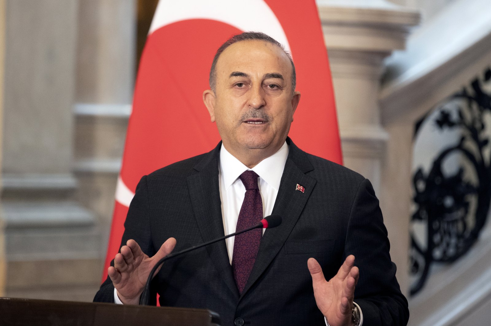 Foreign Minister Mevlüt Çavuşoğlu speaks during a joint news conference with his Egyptian counterpart, in Cairo, Egypt, March 18, 2023. (EPA Photo)
