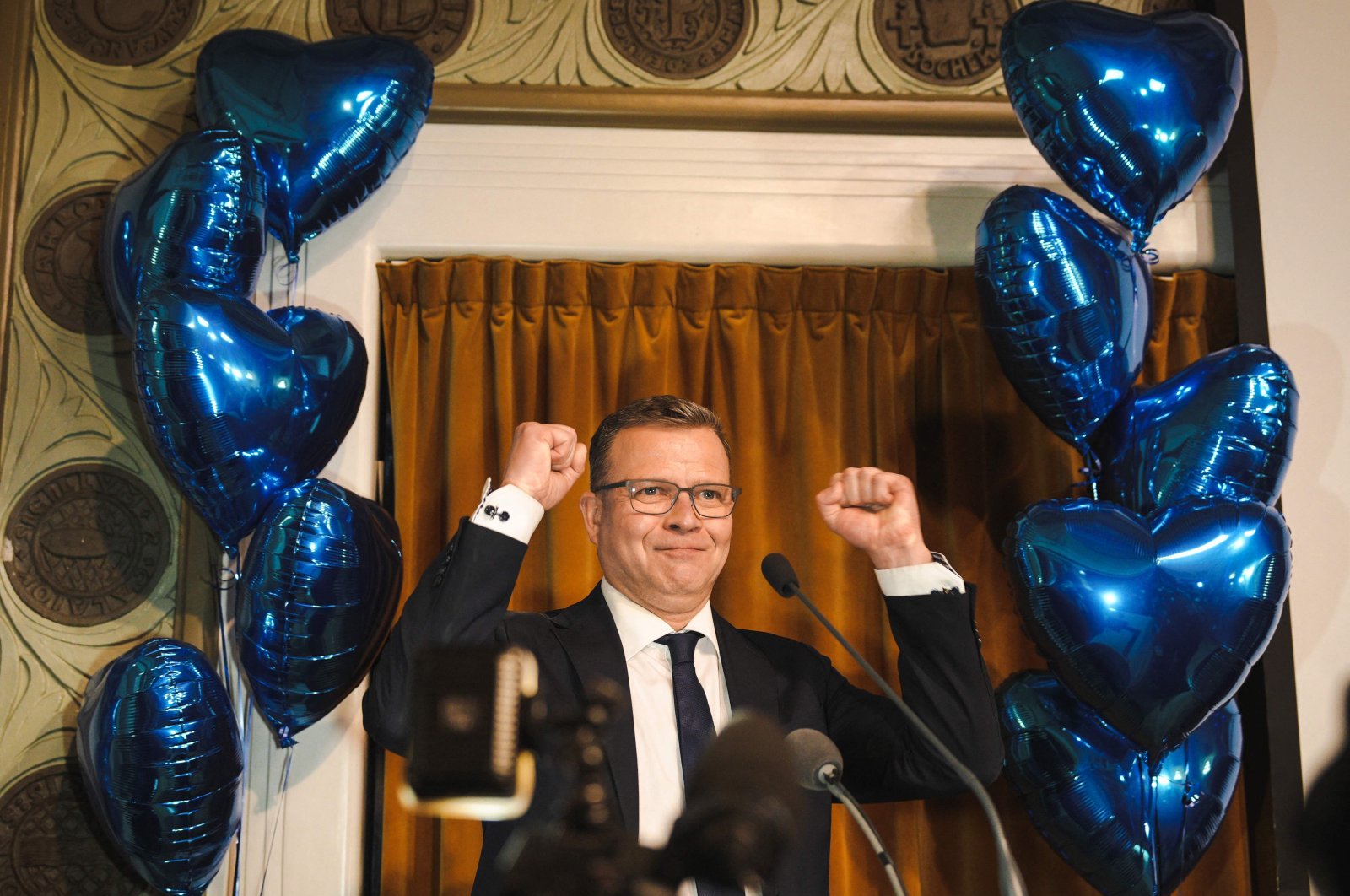 The National Coalition Chairman Petteri Orpo speaks to supporters at the party&#039;s parliamentary election party, following the Finnish parliamentary elections, Helsinki, Finland, April 2, 2023. (AFP Photo)