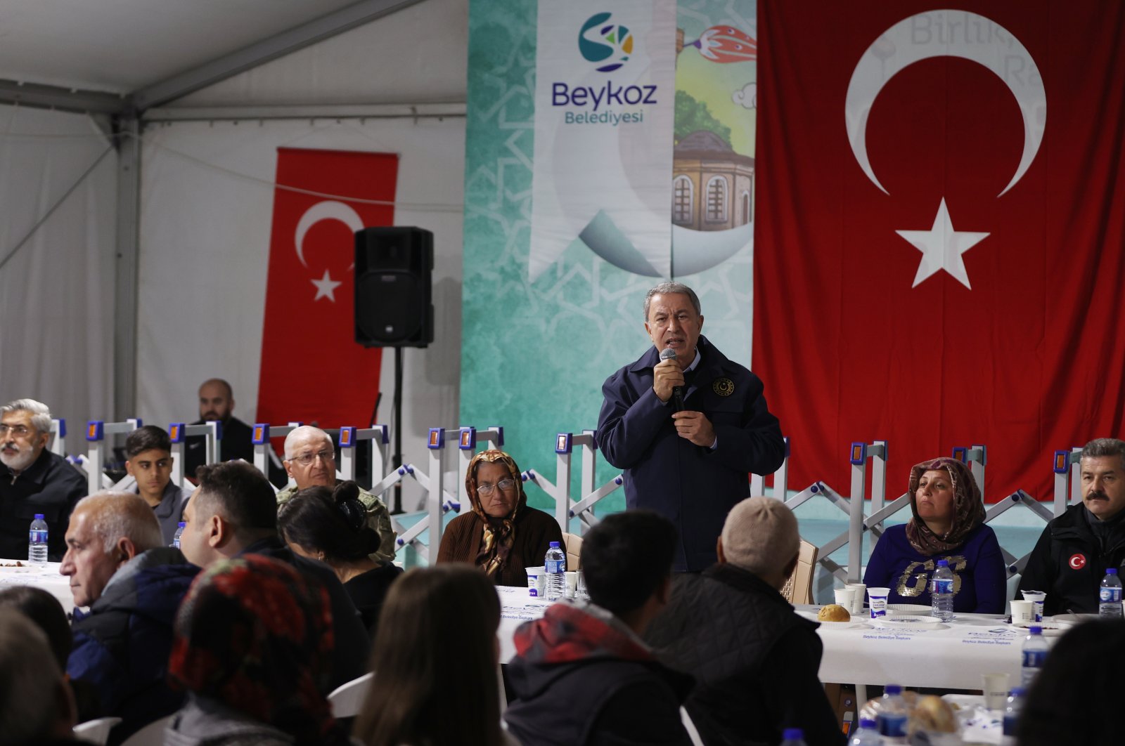 Defense Minister Hulusi Akar attends an iftar dinner with quake victims in southern Hatay province’s Kırıkhan district, Türkiye, April 2, 2023. (AA Photo)