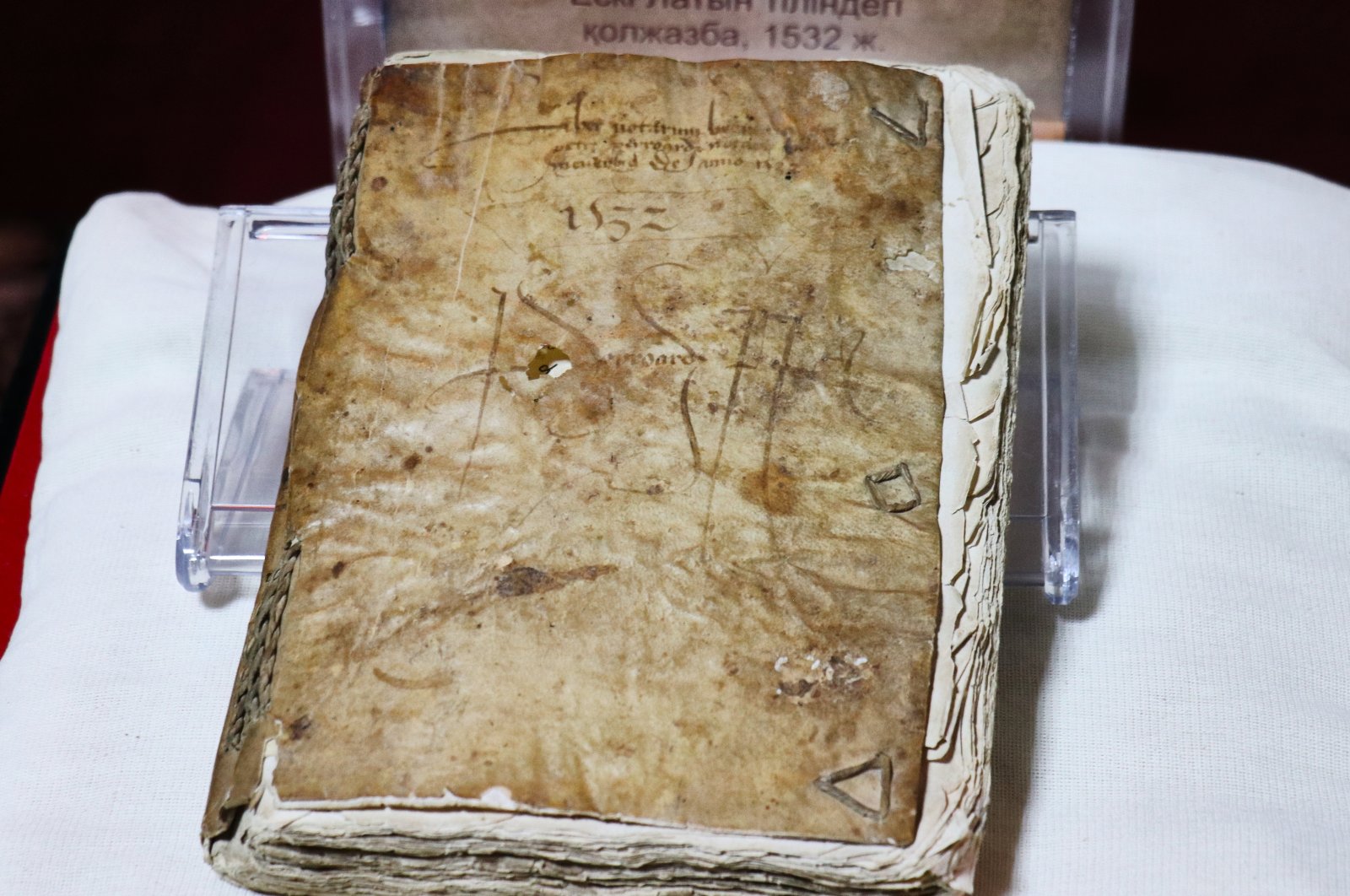 The book, written in ancient Latin, displayed in Rare Publications Museum of the National Academic Library, Astana, Kazakhstan, April 4, 2023. (AA Photo)