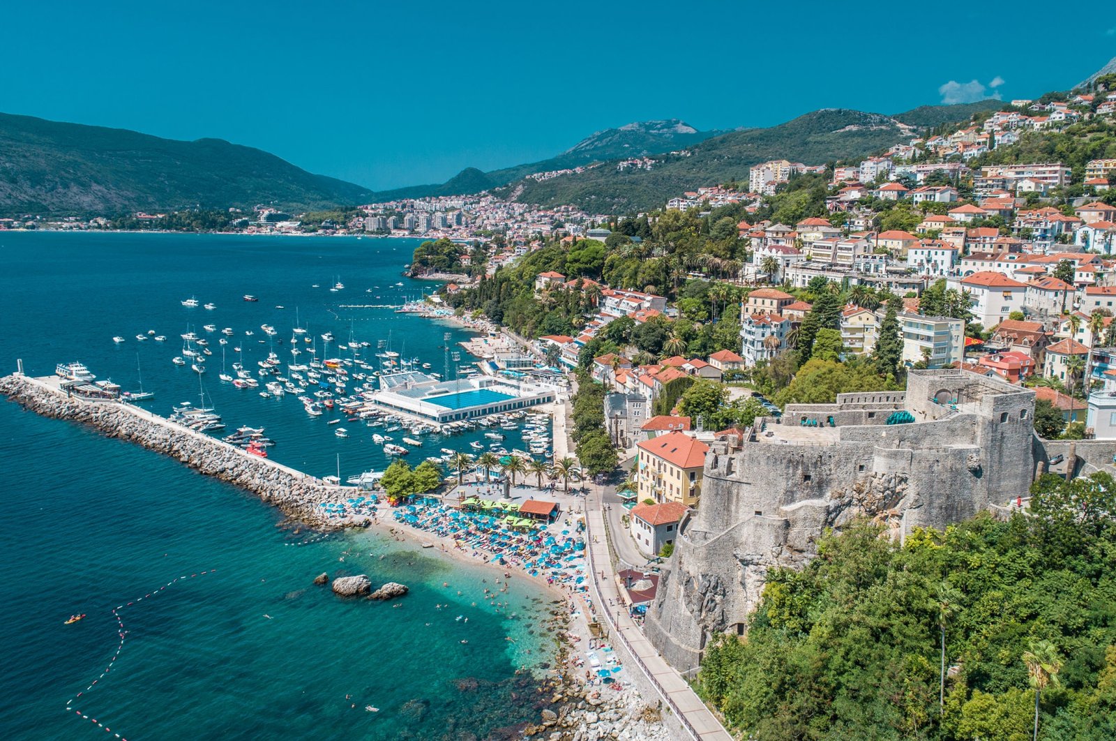 An aerial view shows the dazzling coastline and fortress in Herceg Novi, Montenegro. (Shutterstock Photo)