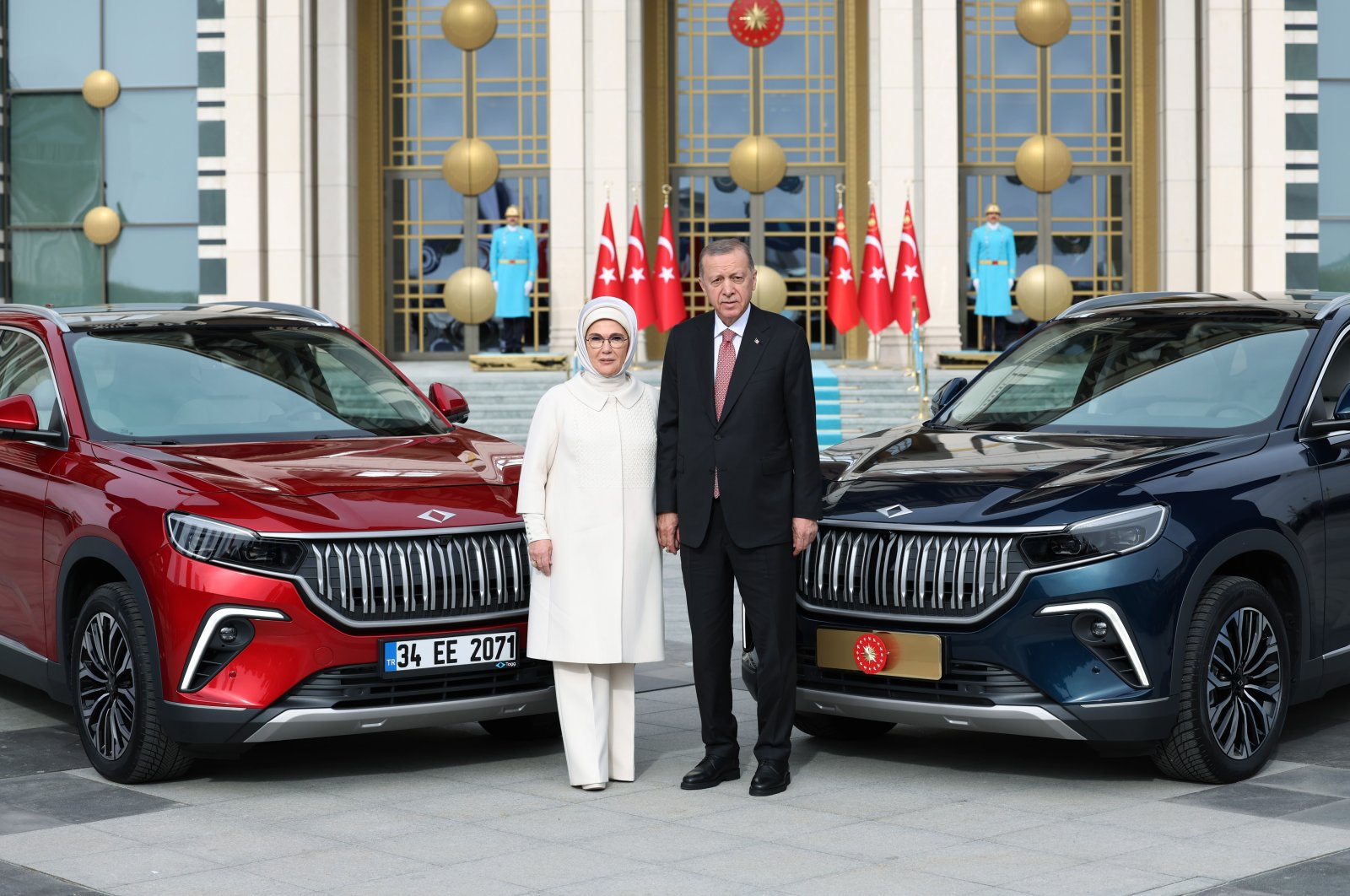 President Recep Tayyip Erdoğan and first lady Emine Erdoğan accept delivery of their SUV models of Türkiye&#039;s first domestic car brand Togg at the Presidential Complex, in Ankara, Türkiye, April 3, 2023. (Courtesy of Turkish Presidency)