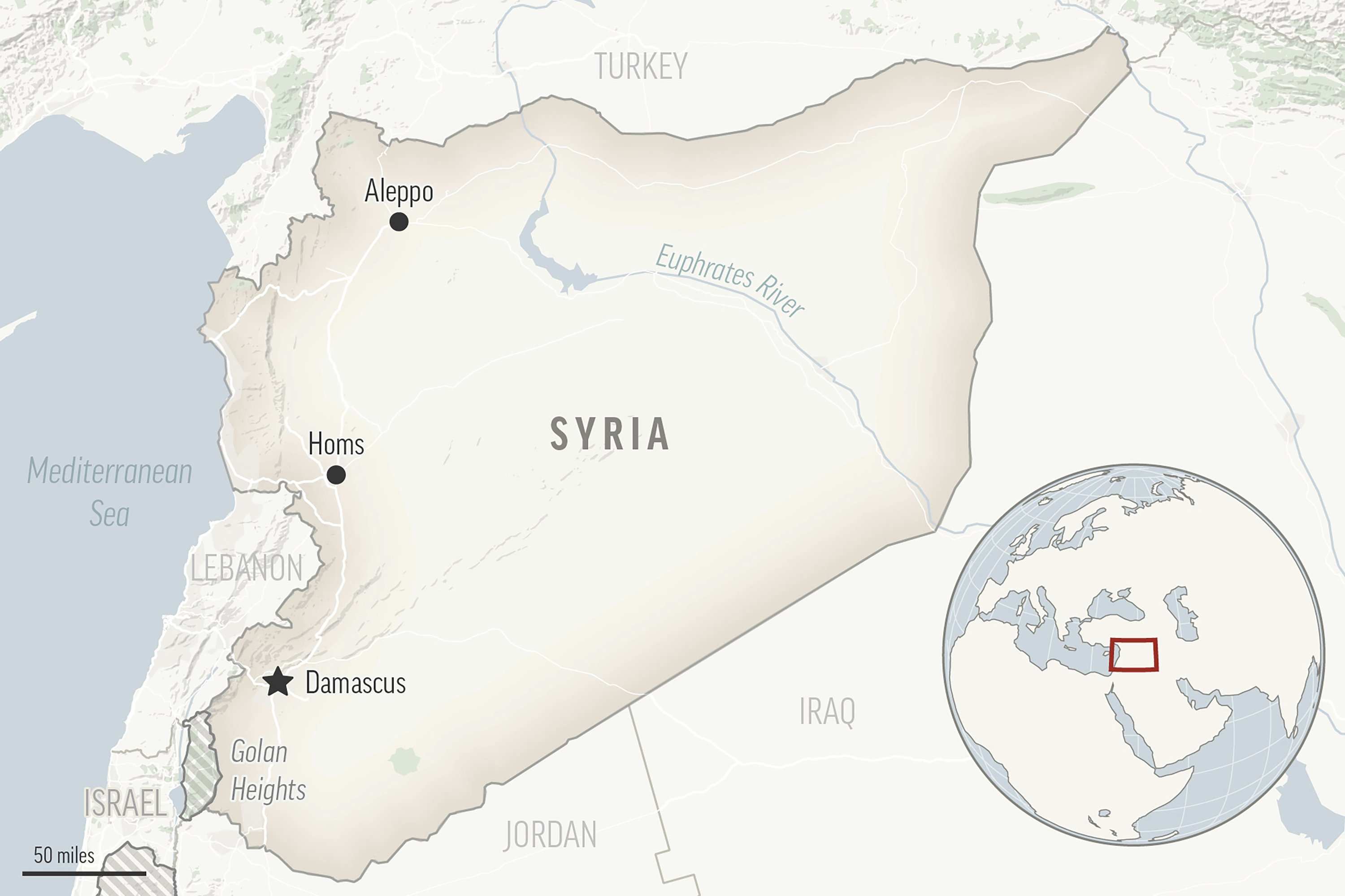 Ini adalah peta lokasi untuk Suriah dengan ibukotanya, Damaskus.  (Foto AP)