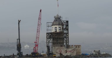 A side view of the Maiden&#039;s Tower during the last phase of the restoration process, Istanbul, Türkiye, April 4, 2023. (DHA Photo)