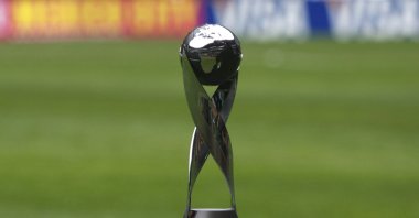 The FIFA U-17 World Cup Mexico 2011 trophy is seen at Azteca stadium before the final match between Uruguay and Mexico, Mexico City, Mexico, July 10, 2011. (AP Photo)