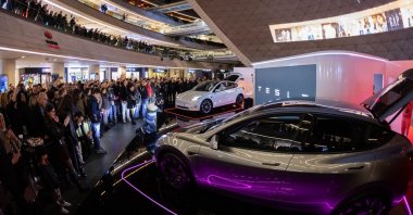 Tesla vehicles showcased during the brand's launch in Türkiye in a shopping mall in Istanbul, Türkiye, April 3, 2023. (DHA Photo)