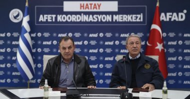 Minister Akar and Minister Panagiotopoulos speak at the news conference in Hatay, southern Türkiye, April 4, 2023. (AA Photo) 