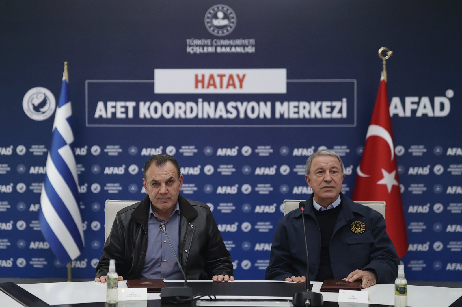Minister Akar and Minister Panagiotopoulos speak at the news conference in Hatay, southern Türkiye, April 4, 2023. (AA Photo) 
