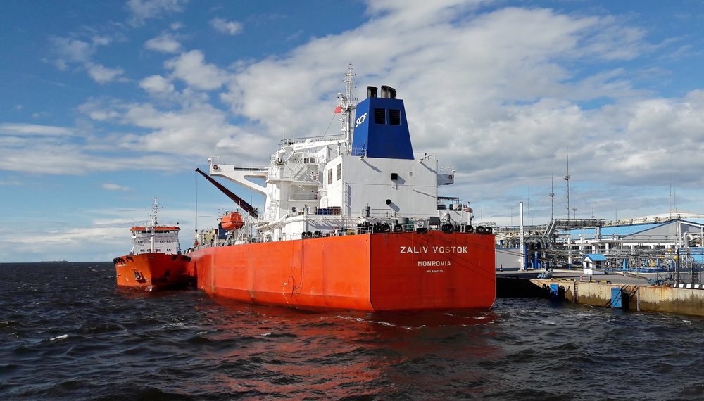 A tanker named "Zaliv Vostok" at the pier of the oil terminal in Ust-Luga, Leningrad Region, Russia, June 22, 2017. (Shutterstock Photo)