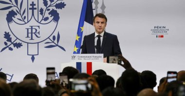 French President Emmanuel Macron speaks during a meeting with China's French community at the residence of France's ambassador in Beijing, China, April 5, 2023. (AFP Photo)