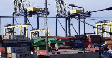 Fallen containers are seen at a port in the earthquake-stricken town of Iskenderun, southeastern Türkiye, Feb. 7, 2023. (AP Photo)
