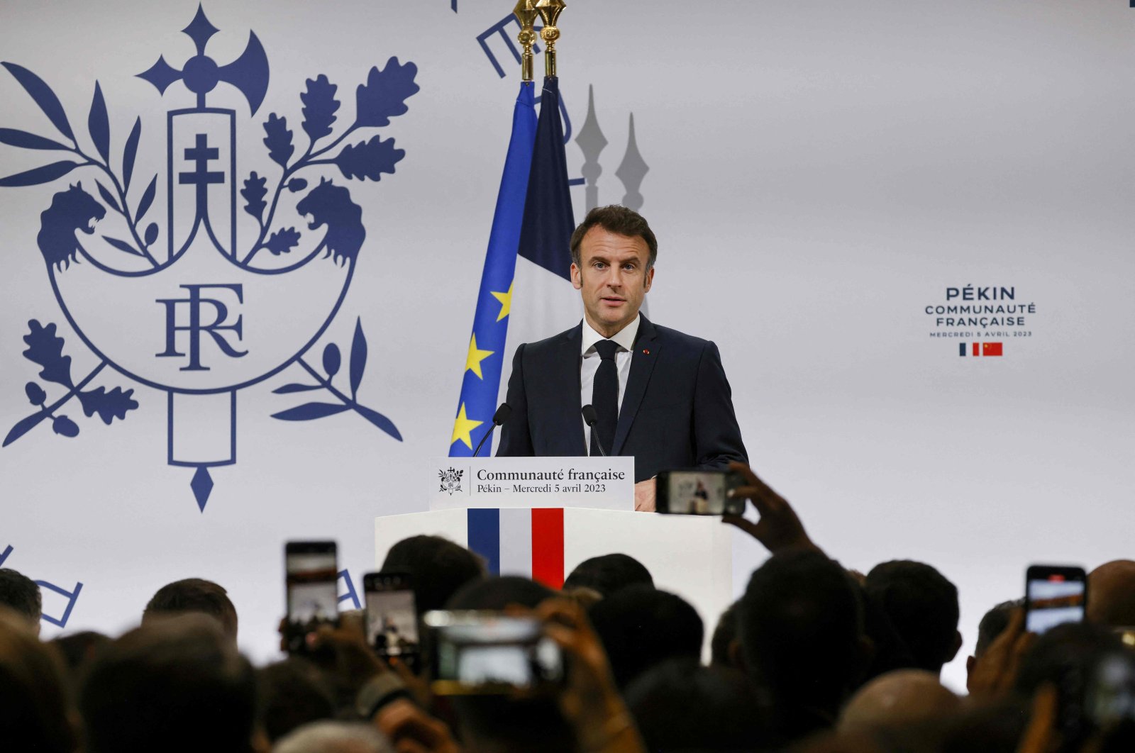 French President Emmanuel Macron speaks during a meeting with China&#039;s French community at the residence of France&#039;s ambassador in Beijing, China, April 5, 2023. (AFP Photo)
