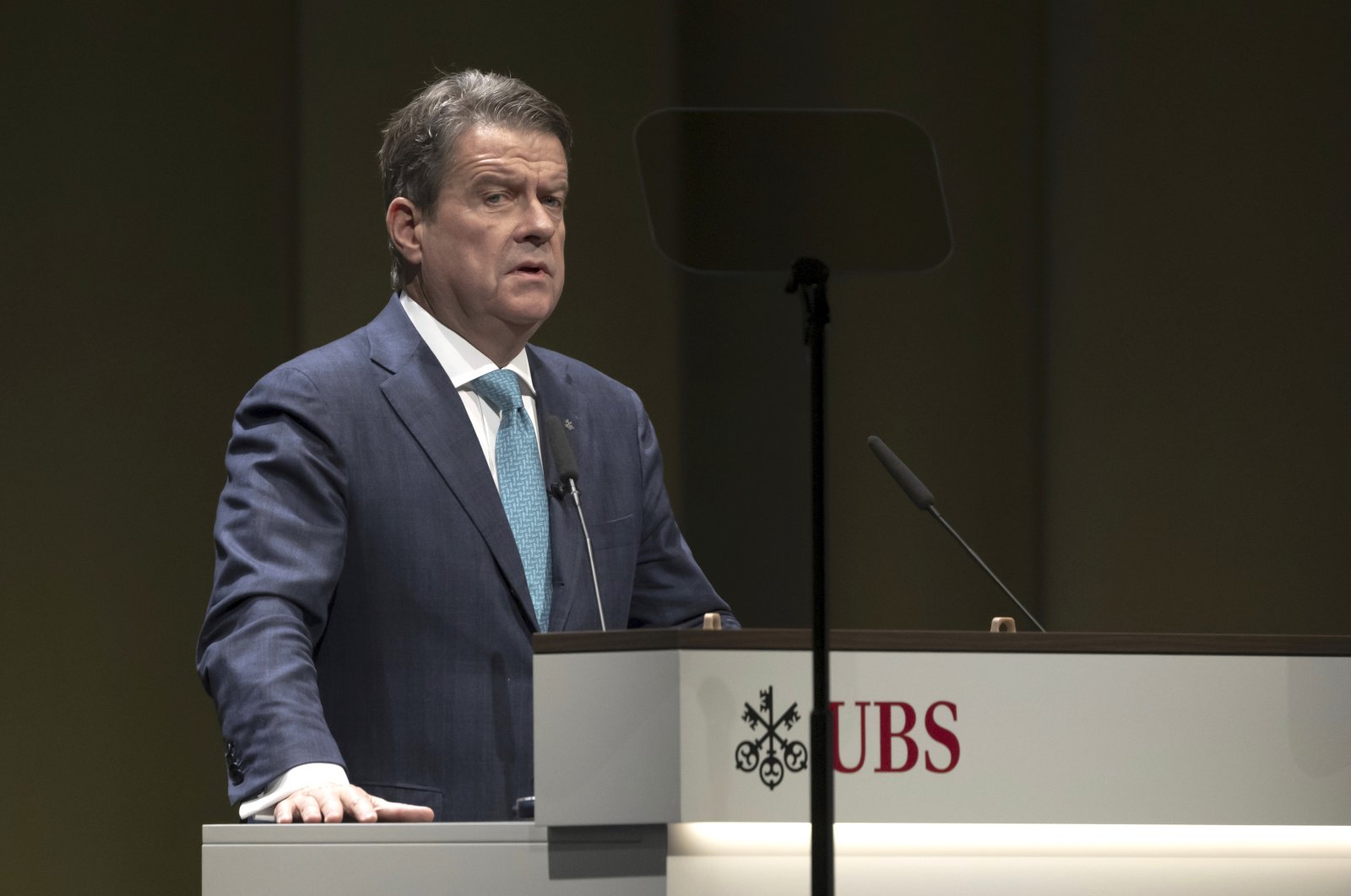 Colm Kelleher, Chairperson of the Board of Directors of Swiss Bank UBS, speaks during the general assembly of the UBS in Basel, Switzerland, April 5, 2023. (AP Photo)