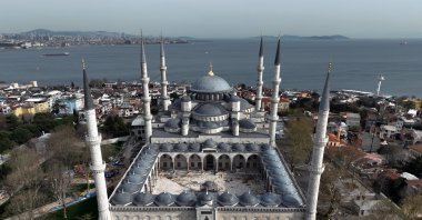 An aerial view of the Sultan Ahmed Mosque, aka the Blue Mosque, where six years of restoration have come to an end, Istanbul, Türkiye, April 5, 2023. (IHA Photo)