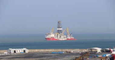 Türkiye&#039;s first drillship Fatih can be seen off the Port of Filyos in Zonguldak, northwestern Türkiye, April 6, 2021. (IHA Photo)