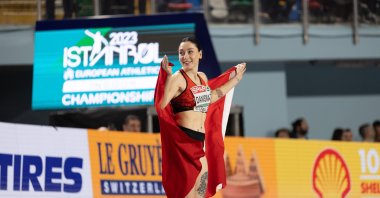 Türkiye&#039;s Tuğba Danışmaz celebrates following the Women&#039;s Triple Jump Final during the European Athletics Indoor Championships at the Ataköy Athletics Arena, Istanbul, Türkiye, March 4, 2023. (Getty Images Photo)