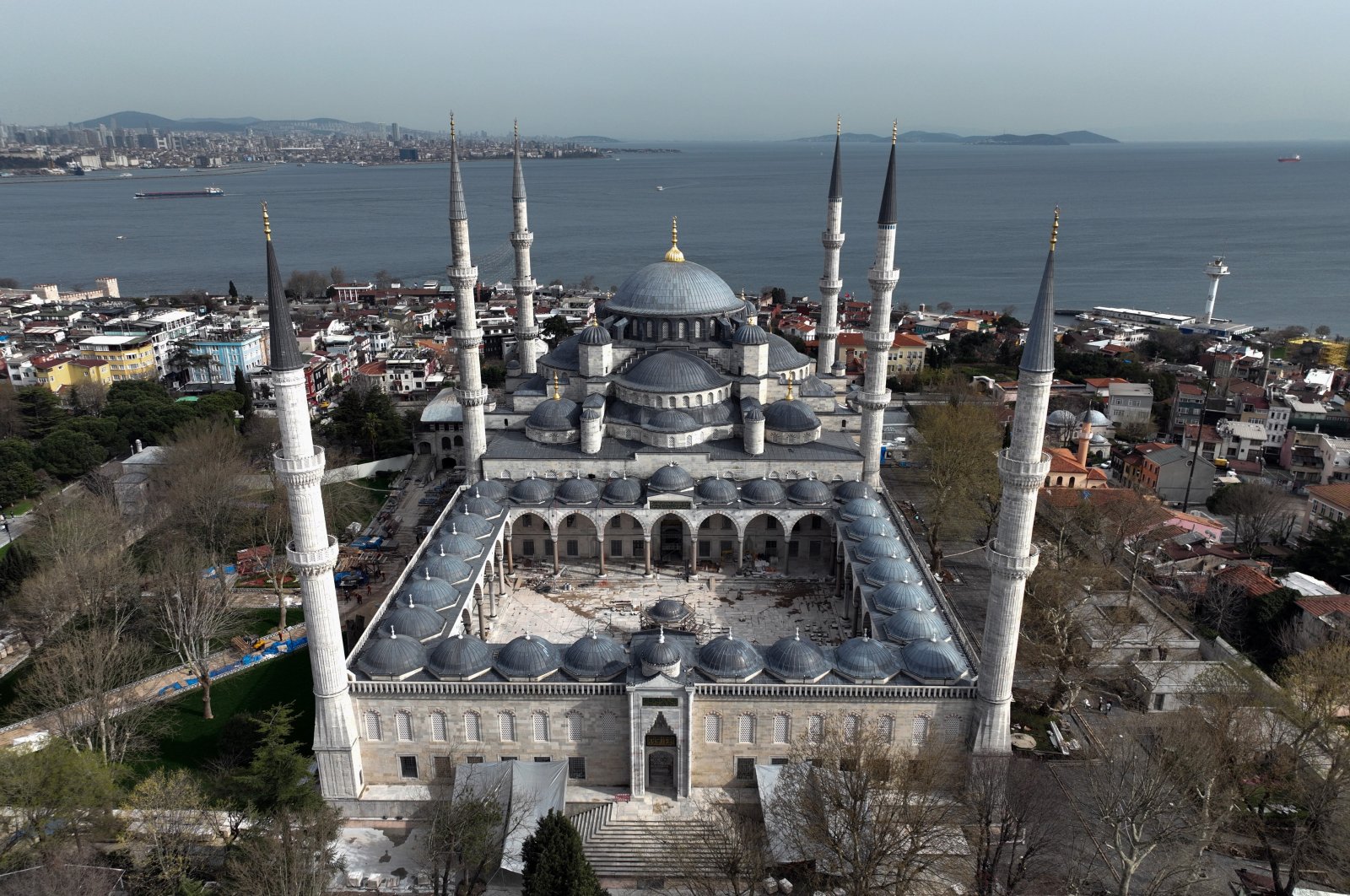 An aerial view of the Sultan Ahmed Mosque, aka the Blue Mosque, where six years of restoration have come to an end, Istanbul, Türkiye, April 5, 2023. (IHA Photo)