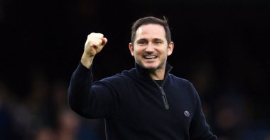 Then-Everton manager Frank Lampard, now Chelsea&#039;s interim manager, celebrates after the Everton, Crystal Palace match at Goodison Park, Liverpool, U.K., Oct. 22, 2022. (Reuters Photo)