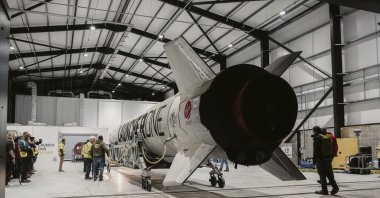 This undated photo provided by the U.K. Space Agency shows the Virgin Orbit&#039;s LauncherOne rocket at Spaceport Cornwall, at Cornwall Airport in Newquay, U.K., March 16, 2023. (AP Photo)