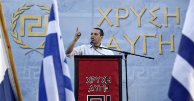 Far-right Golden Dawn party lawmaker Ilias Kasidiaris delivers a speech during a pre-election rally in Athens, May 23, 2014. (Reuters Photo)