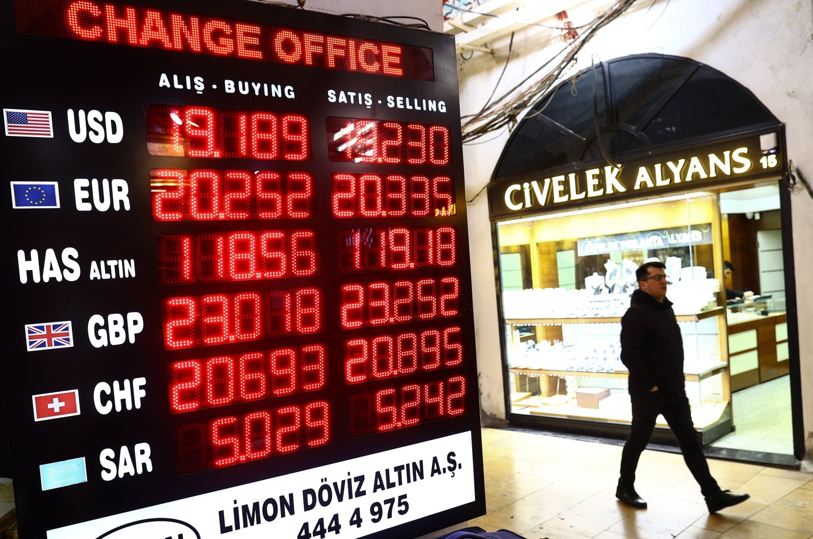 A man walks past a board displaying exchange rates at a currency exchange office in Istanbul, Türkiye, March 15, 2023. (EPA Photo)