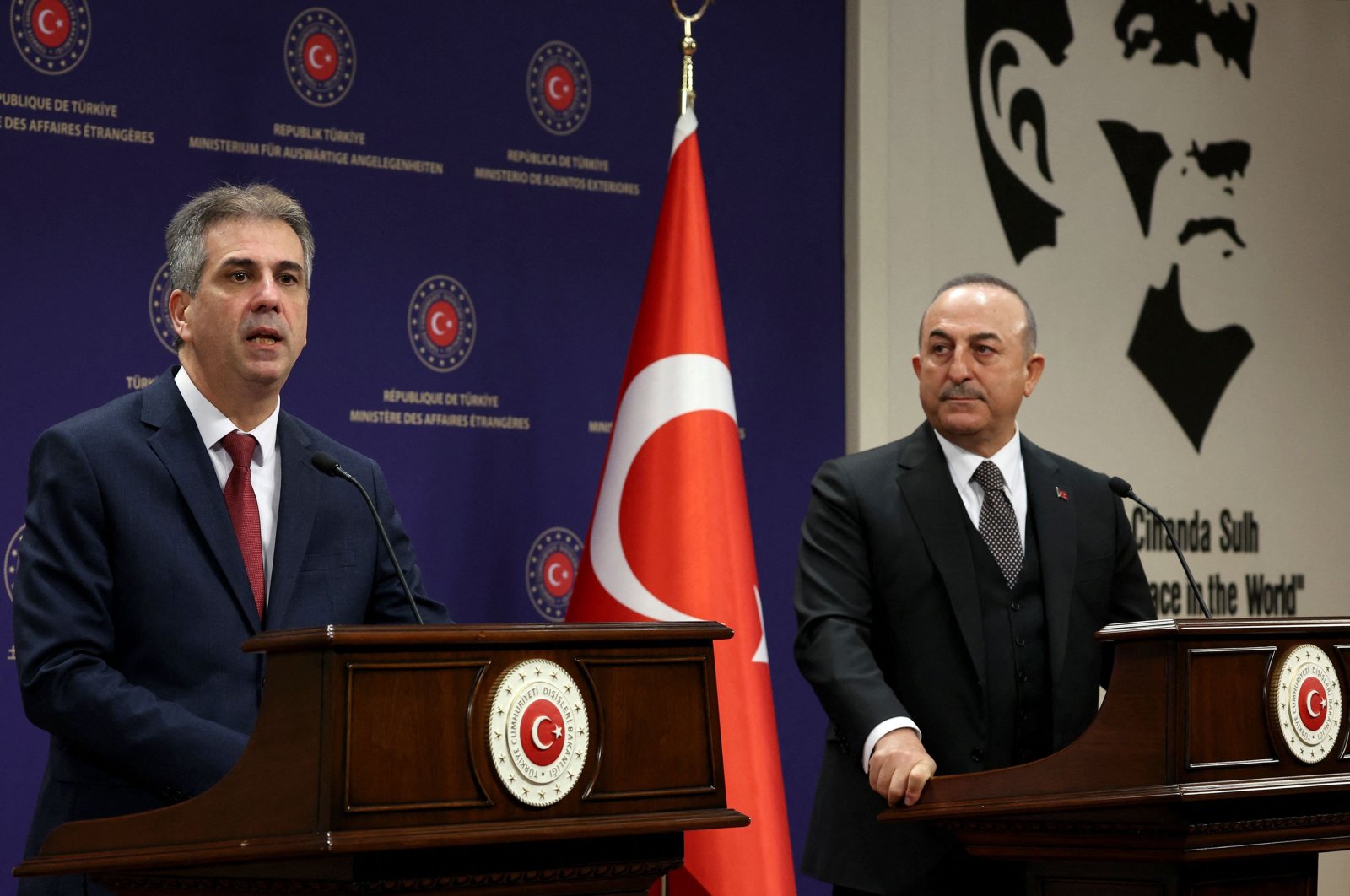 Foreign Minister Mevlüt Çavuşoğlu (R) and his Israeli counterpart Eli Cohen (L) address a joint news conference at the Ministry of Foreign Affairs in Ankara on Feb.14, 2023. (AFP File Photo)