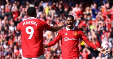 Manchester United players celebrate during Premier League football match between Manchester United and Everton at Old Trafford stadium, in Manchester, U.K., April 8, 2023. (Reuters Photo)