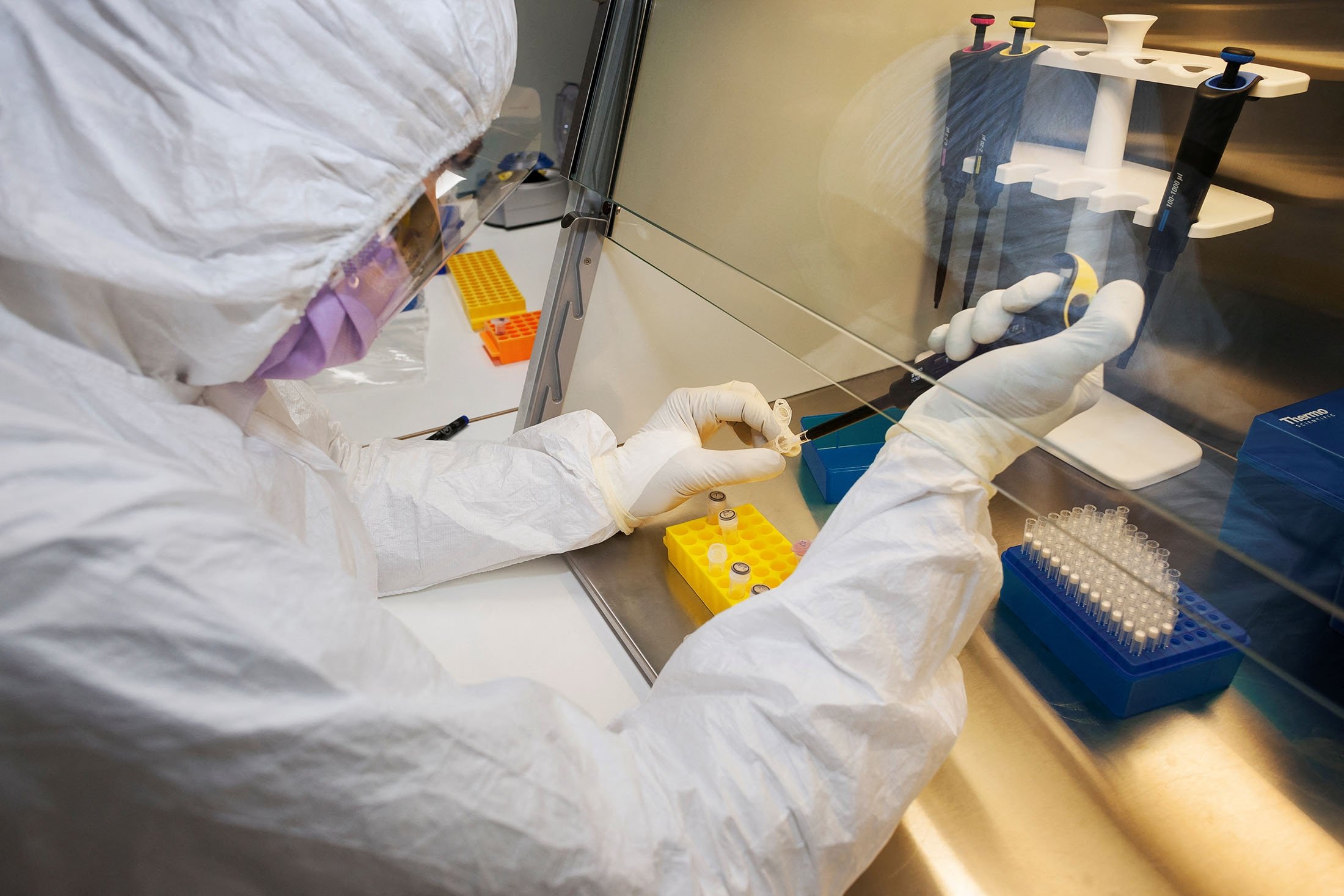 Peneliti Marianne Dehasque bekerja di laboratorium DNA kuno di Pusat Paleogenetik di Stockholm, Swedia.  (Foto Reuters)