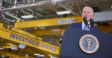 U.S. President Joe Biden delivers remarks at the Cummins Power Generation Facility in Fridley, Minnesota, U.S., April 3, 2023. (AFP Photo)