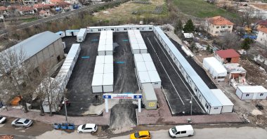 Aerial view of a container bazaar built by Sivas Municipality in Malatya, Türkiye, April 9, 2023. (AA Photo)