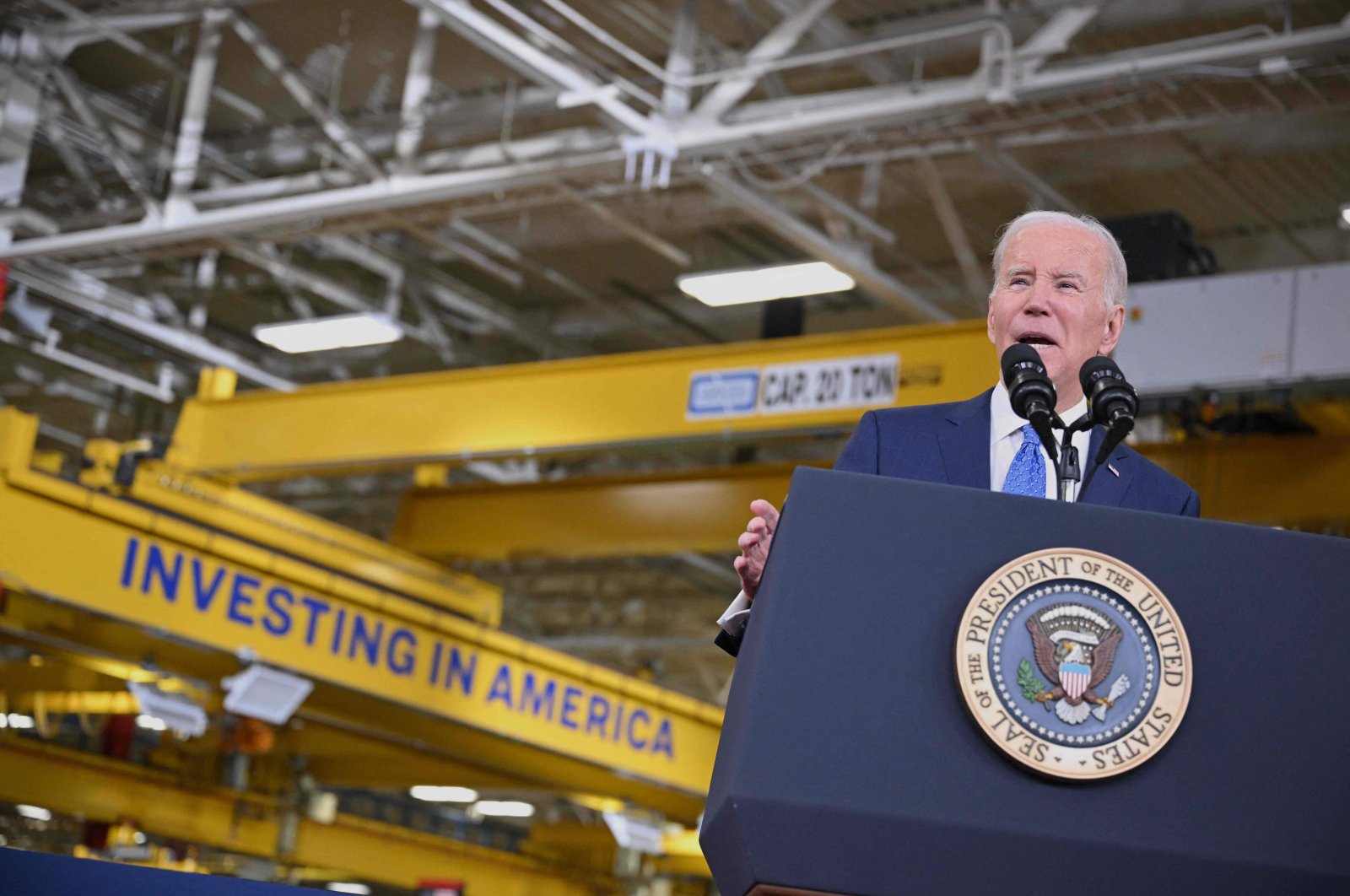 U.S. President Joe Biden delivers remarks at the Cummins Power Generation Facility in Fridley, Minnesota, U.S., April 3, 2023. (AFP Photo)