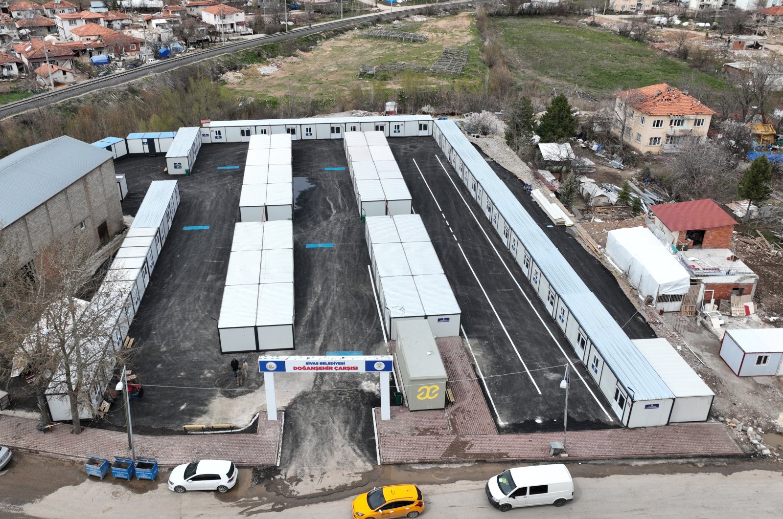 Aerial view of a container bazaar built by Sivas Municipality in Malatya, Türkiye, April 9, 2023. (AA Photo)