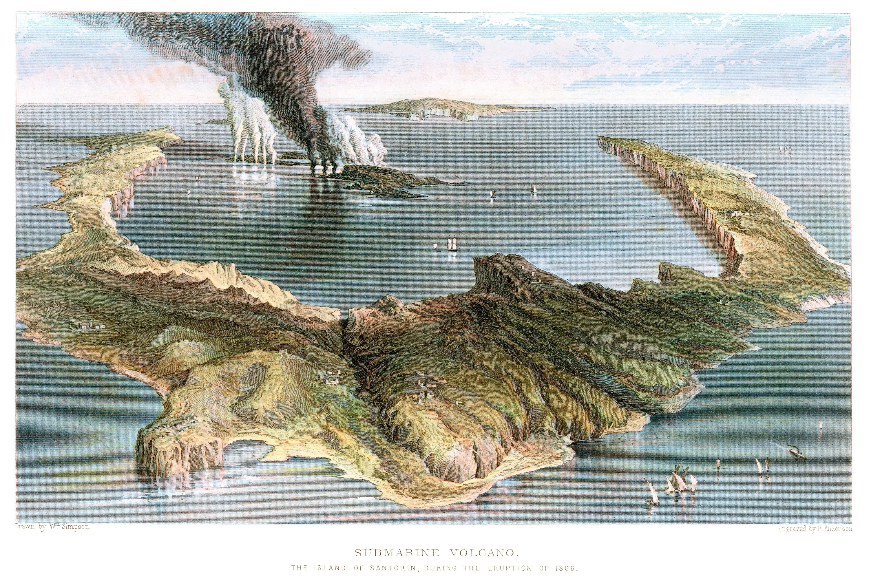 A vintage color lithograph from 1884 shows a submarine volcano on the Island of Santorini during the eruption of 1866. (Getty Images)