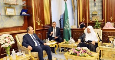 Parliamentary Friendship Group Chairperson Halil Özcan (L) meets the head of the Shura Council, Abdullah ibn Muhammad Al ash-Sheikh (R), in Riyadh, Saudi Arabia, Oct. 18, 2022. (AA Photo)