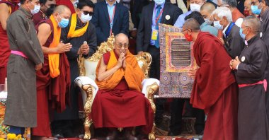 Tibetan spiritual leader Dalai Lama gestures as revered by the "Ladakh dPal rNgam Dusdon 2022" award on the occasion of union territory Ladakh declaration day, in Leh, in this file photo taken on Aug. 5, 2022. (AFP Photo)