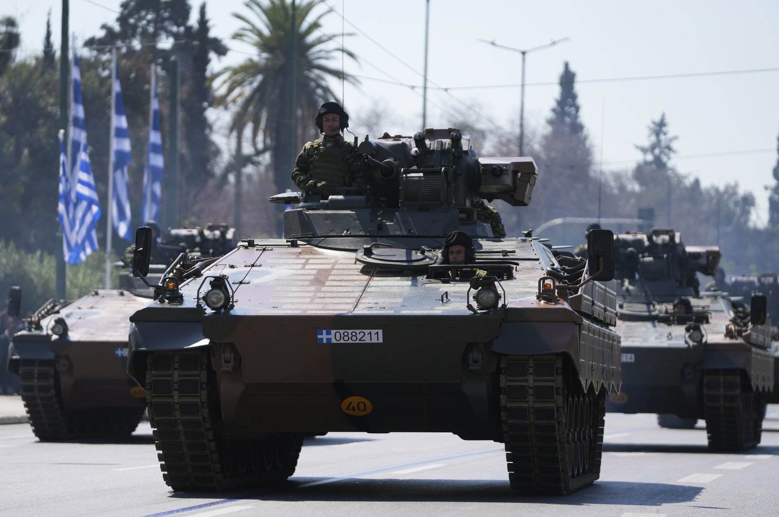 Army tanks take part in the military parade commemorating Greek Independence Day in Athens, Greece, March 25, 2023. (AP Photo)