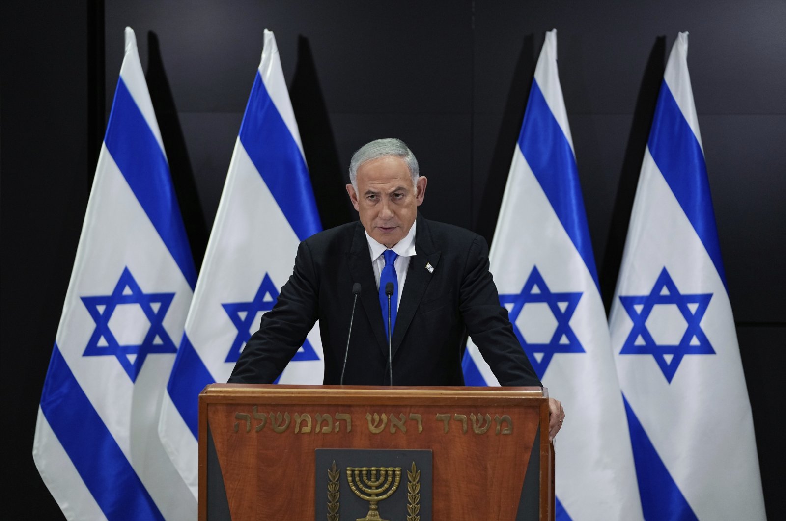 Israeli Prime Minister Benjamin Netanyahu speaks to the media during a press conference, in Tel Aviv, Israel, Monday, April 10, 2023. (AP File Photo)