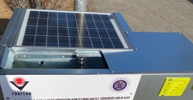 The smart recycling container, designed to contribute to the reduction of greenhouse gas emissions by using solar energy, is displayed on the grounds of Atatürk University, Erzurum, eastern Türkiye, April 11, 2023. (AA Photo)