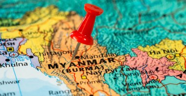 This illustration shows the map of Myanmar, a country in South Asia.