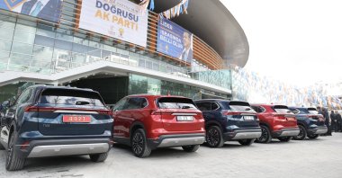 Togg T10Xs, SUV models of Türkiye&#039;s first domestic car brand, that belong to Cabinet members are seen outside the Ankara Sports Hall, in the capital Ankara, Türkiye, April 11, 2023. (AA Photo)