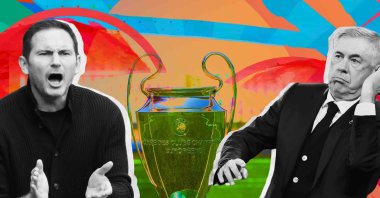 An illustration showing the UEFA Champions League trophy between Real Madrid coach Carlo Ancelotti (R) and Chelsea coach Frank Lampard. (Illustration by Büşra Şen)
