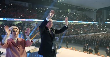 President Recep Tayyip Erdoğan and first lady Emine Erdoğan greet the crowd of supporters in the capital Ankara, Türkiye, April 11, 2023. (AA Photo)