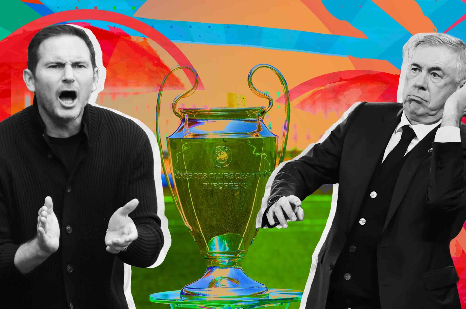 An illustration showing the UEFA Champions League trophy between Real Madrid coach Carlo Ancelotti (R) and Chelsea coach Frank Lampard. (Illustration by Büşra Şen)