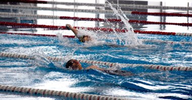 Türkiye's visually impaired swimming national team trains for the England Para Swimming World Championship at Aksaray Olympic Indoor Swimming Pool, Aksaray, Türkiye, April 11, 2023. (AA Photo)