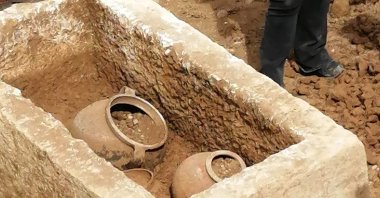 The sarcophagus with four urns inside, Afyonkarahisar, Türkiye, April 11, 2023. (DHA Photo)