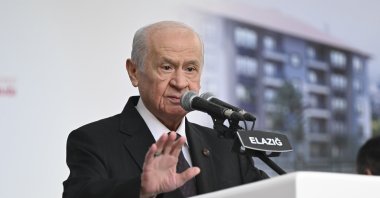 The Nationalist Movement Party (MHP) Chair Devlet Bahçeli speaks at a groundbreaking ceremony for a social housing project in the eastern Elazığ province, Türkiye, April 1, 2023. (AA Photo)
