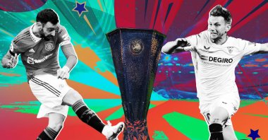 An illustration shows UEFA Europa League trophy between Manchester United's Bruno Fernandes (L) and Sevilla's Ivan Rakitic (R). (Illustration by Büşra Şen)