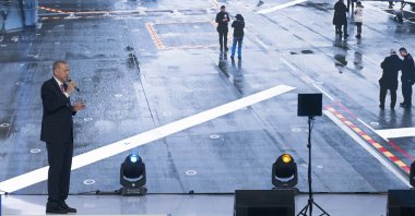 President Recep Tayyip Erdoğan addresses the crowd at Ankara Sports Hall during a meeting to announce his ruling AK Party's election manifesto ahead of the May 14 elections, in Ankara, Türkiye, April 11, 2023. (AA Photo)