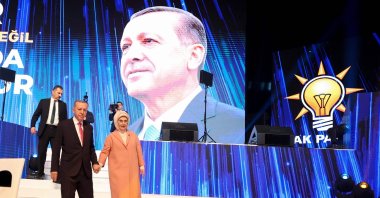 President Recep Tayyip Erdoğan and first lady Emine Erdoğan attend the AK Party election manifesto event, in the capital Ankara, Türkiye, April 11, 2023. (AFP Photo)